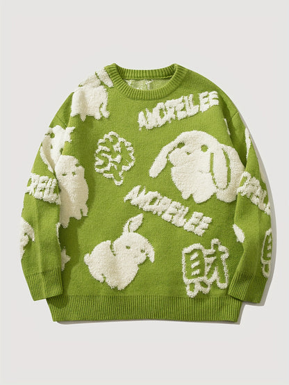 Cute Rabbit Chenille Embroidery Sweater - Soft and Cozy Knitted Fabric, Classic Crew Neck Pullover Design, Warm and Toasty for Cold Weather, Perfect for Casual Daily Wear - Ideal for Fall and Winter Seasons, Great Gift for Men