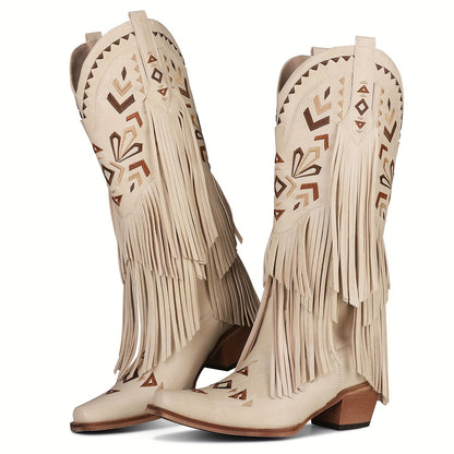 Womens Fashion Western Cowboy Boots - Stylish Mid-Calf, Chunky Heel, Pointed Toe - Premium Faux Leather, Timeless Charm - Maturing Footwear for the Modern Cowgirl