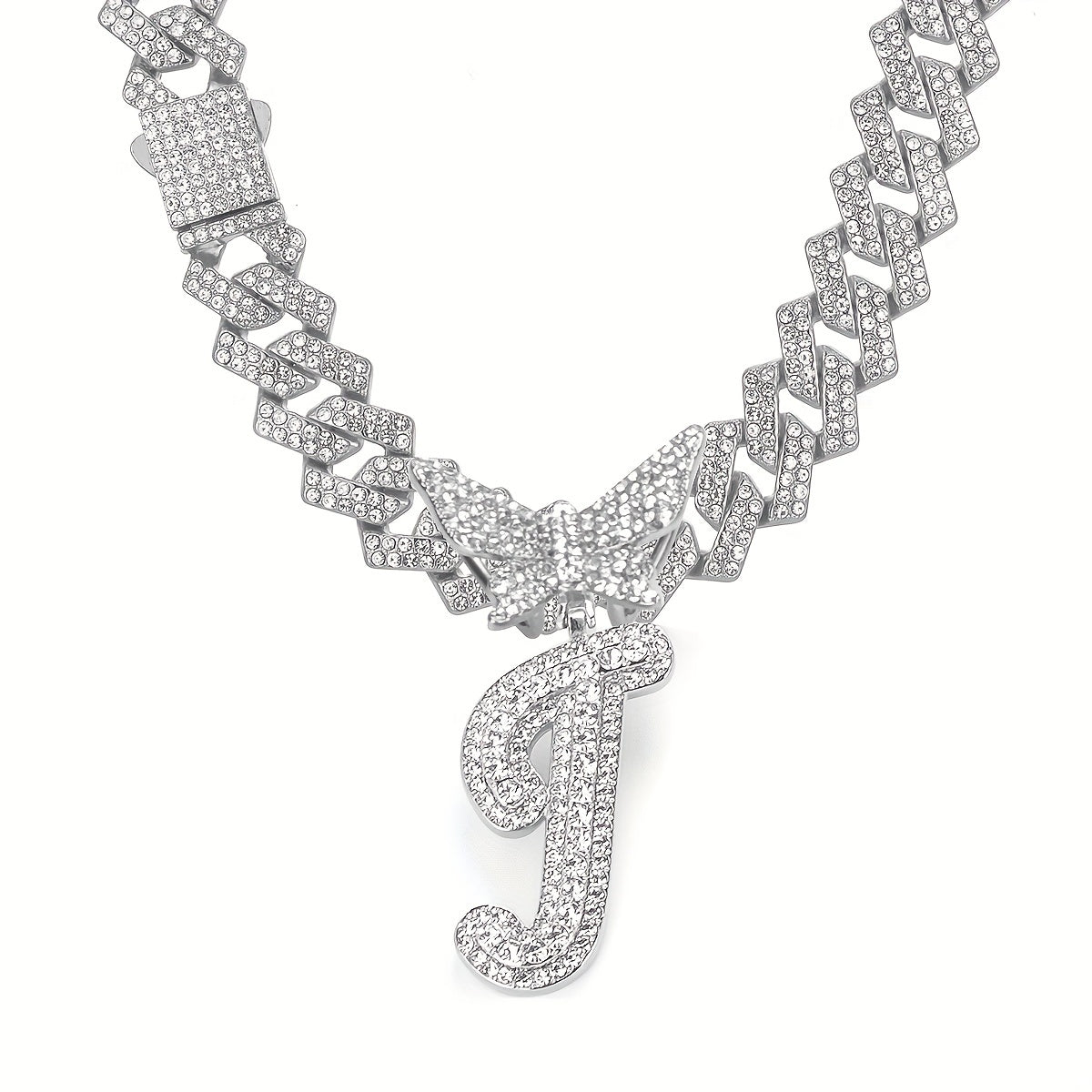 1pc 14MM Cursive Initial Butterfly Pendant - Iced Out Rhinestone Chain Link Necklace with Prong Setting, Punk Style, Zinc Alloy Material, Perfect Gift for Men, Fathers Day, Hip Hop Jewelry Lovers