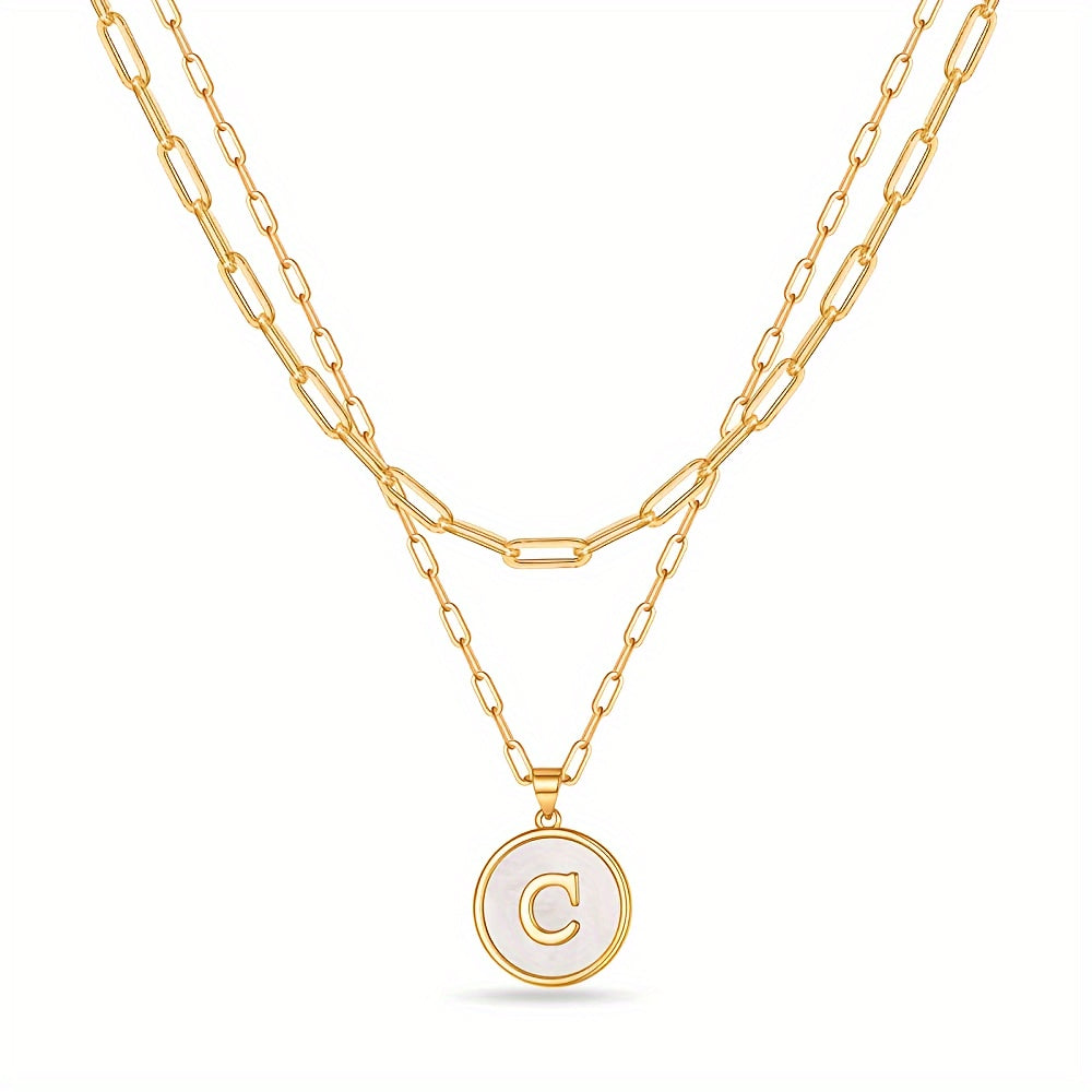 Chic Double-Layered Gold Initial Necklaces - Paperclip Chain with Round Shaped Letter Pendants - Elegant Accessory for Every Occasion