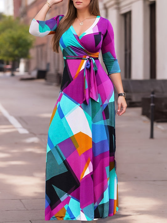 Charming Color Block Surplice Dress with Belt - Flattering Neckline & 3/4 Sleeves - Ideal for Spring to Summer - Womens Fashion Essential