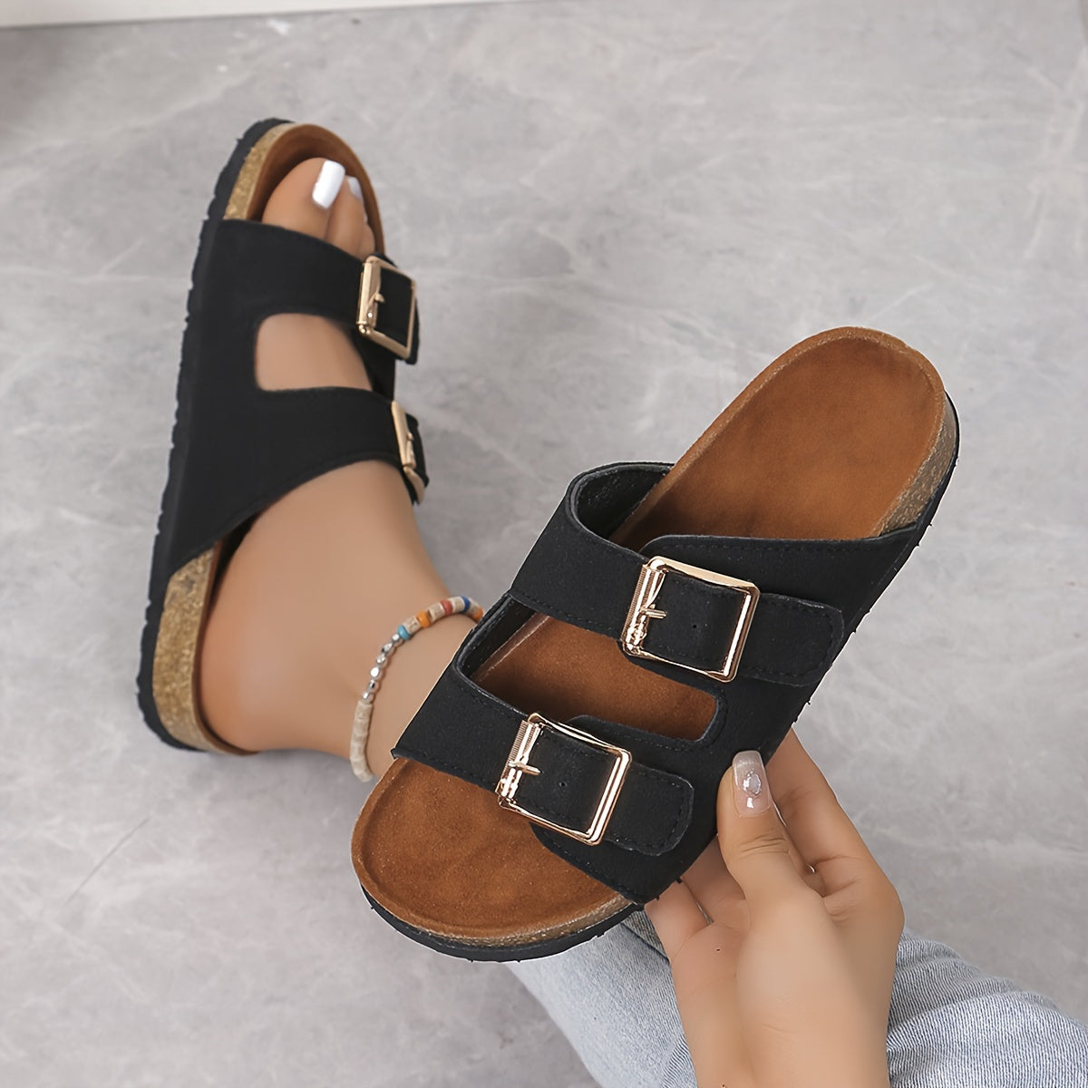 Womens Soft Flannel Double Buckle Slides - Lightweight, Flat Heel, Open Toe, Slip-on Design, PU Sole, Flannel Insole, Perfect for Summer Holidays and Casual Walking