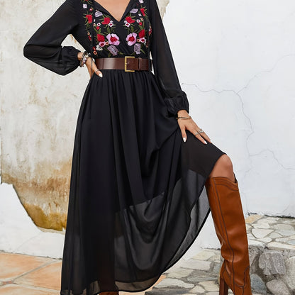 Feminine Floral Embroidered V Neck Dress - Long Sleeve Chiffon Midi for Women - Tied Detail, Flowy & Casual Style