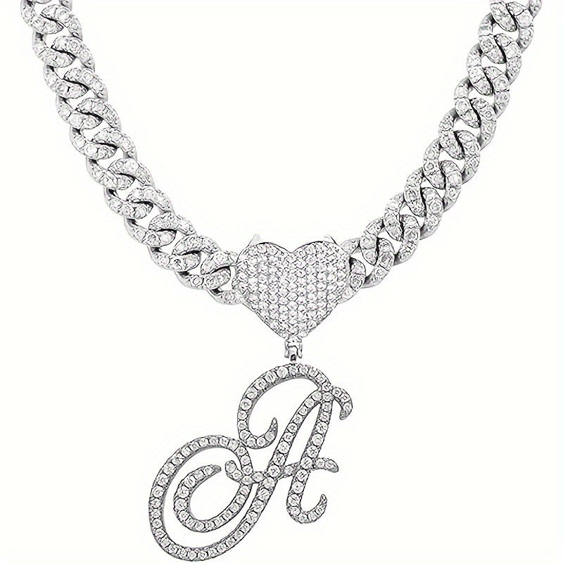 1 Piece Initial Necklace - Durable Cuban Chain with Icy-Cool Ice Chain Design, Heart-Shaped Letter Pendant, and Trendy Hip Hop Style - Unisex Silver Jewelry for Men and Women, Perfect Gift Idea