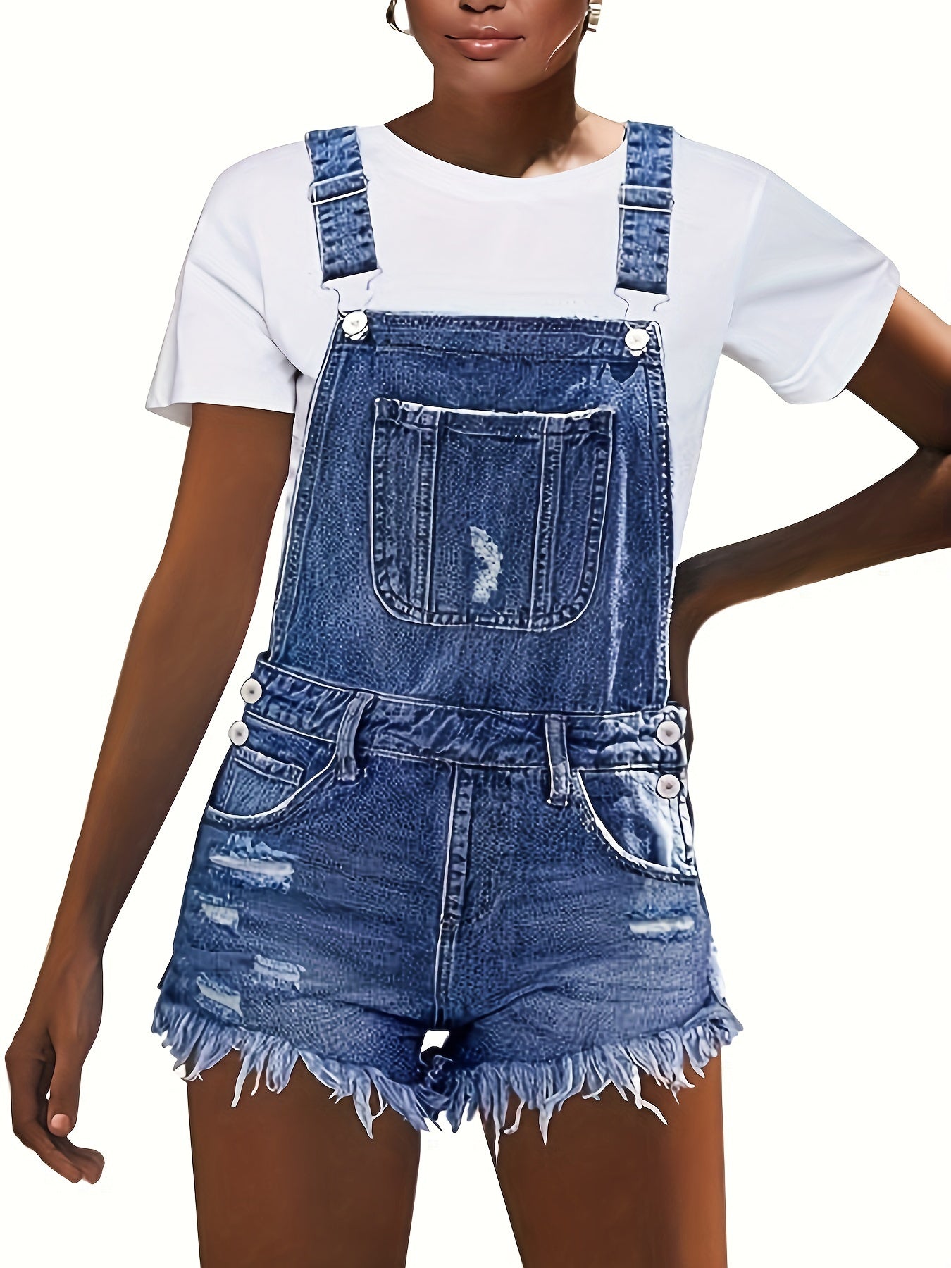 Distressed Denim Shortalls - Adjustable Shoulder Straps for Customizable Fit, Trendy Ripped Knee Design for Edgy Look - Perfect for Casual Womens Fashion, Ideal for Summer Street Style and Outdoor Activities