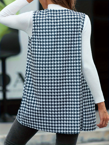 Elegant Houndstooth Print Vest - Sleeveless, Open Front, Chic Spring and Fall Essential for Women's Clothing