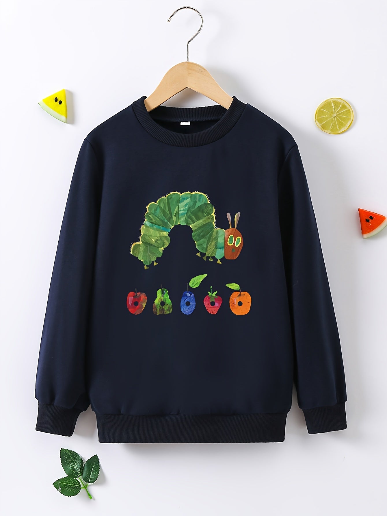 Cute Cartoon Caterpillar Kid's Round Neck Sweatshirt - Fashionable Cozy Long Sleeve Top for Boys - Soft, Comfortable, Trendy, and Warm for Spring, Fall, and Winter Seasons