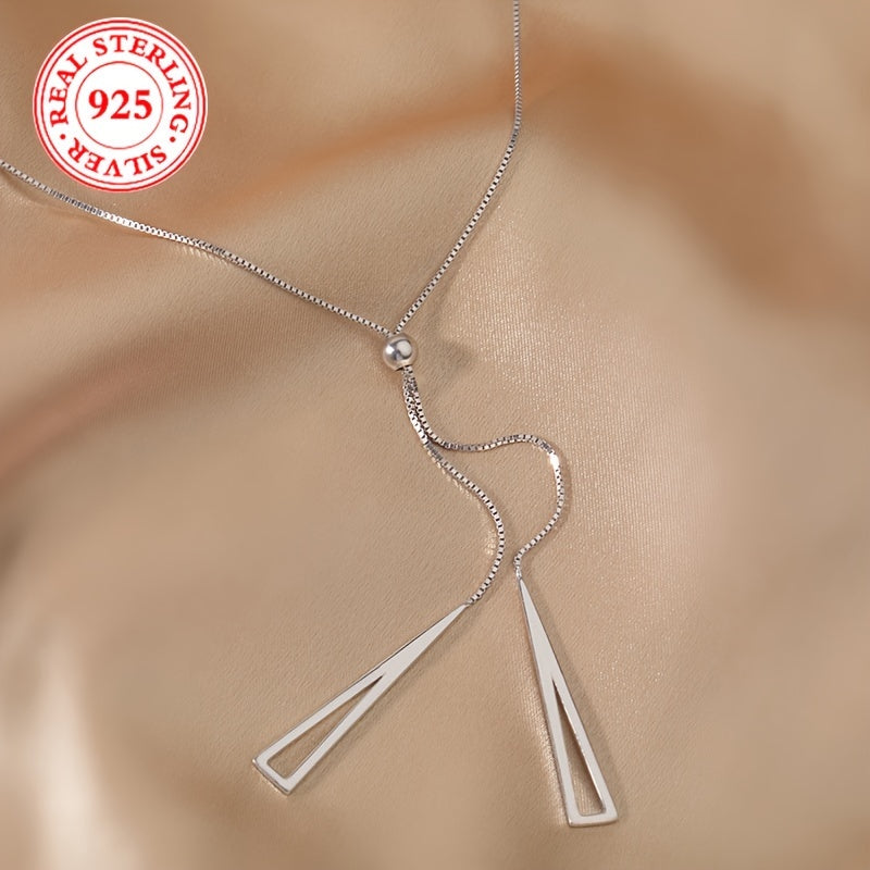 Premium S925 Sterling Silver Geometric Triangle Lariat Necklace - Effortlessly Adjustable Pull-Chain Design - Timeless Minimalist Style for Vacation or Everyday Glam - Y Shape Sterling Silver Accessory