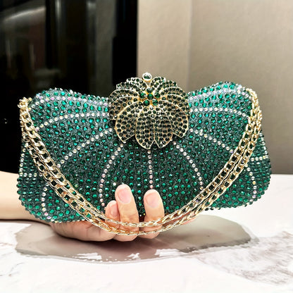 Luxurious Green Clutch Purse, Elegant Evening Bag With Golden Color Chain, Synthetic Material Handbag For Parties And Weddings