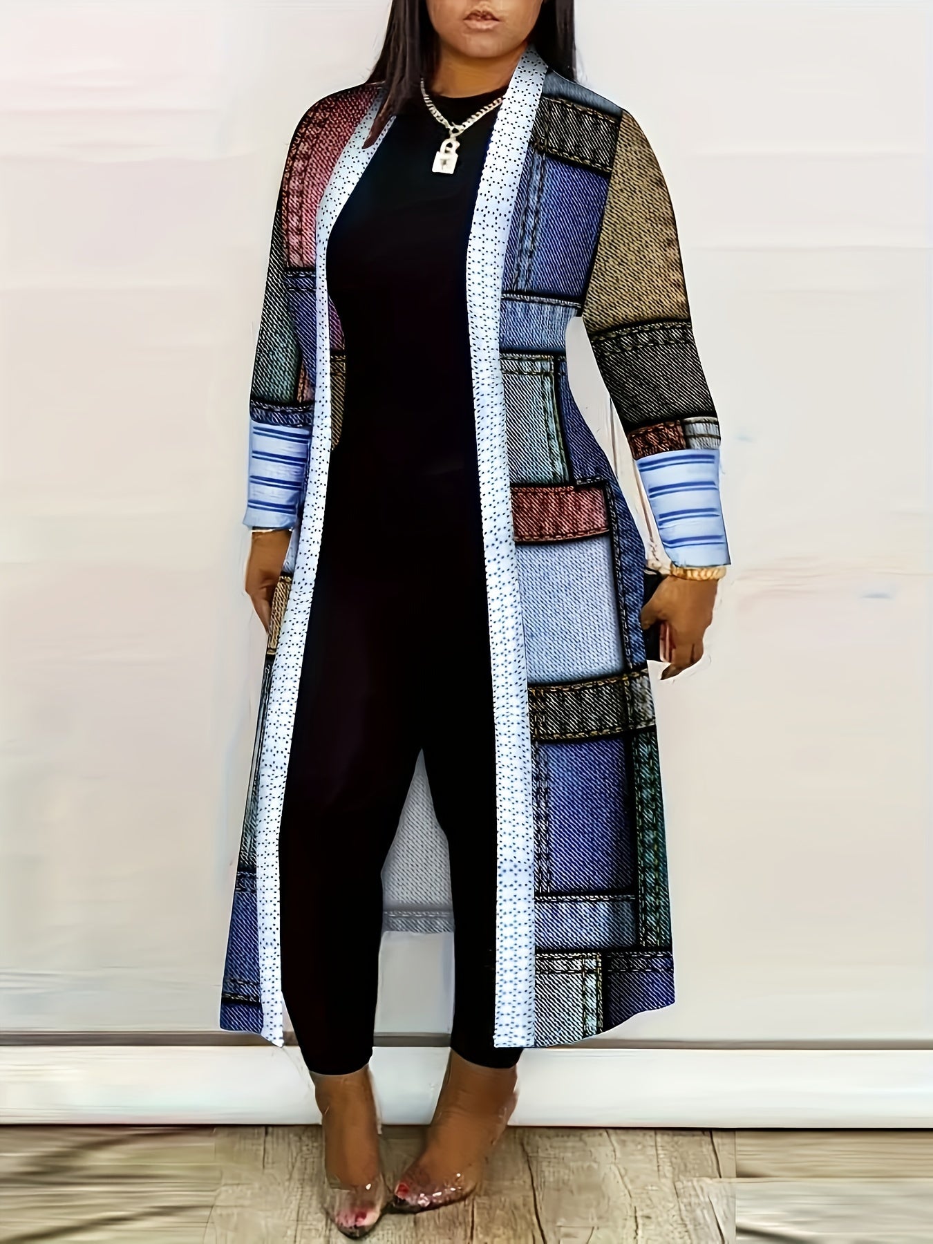 All-Season Chic Geometric Print Cardigan - Elegant, Durable Knit with Easy-Care Elasticity