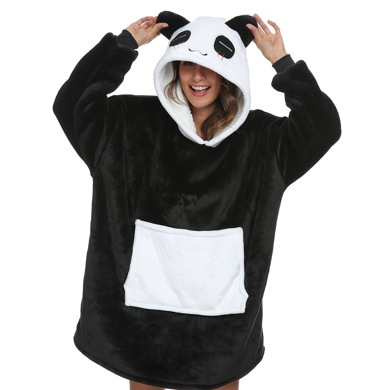 Cute Panda Hooded Nightdress, Fleece Thickened Long Sleeve Sleep Dress With Pockets, Women's Sleepwear & Dresses