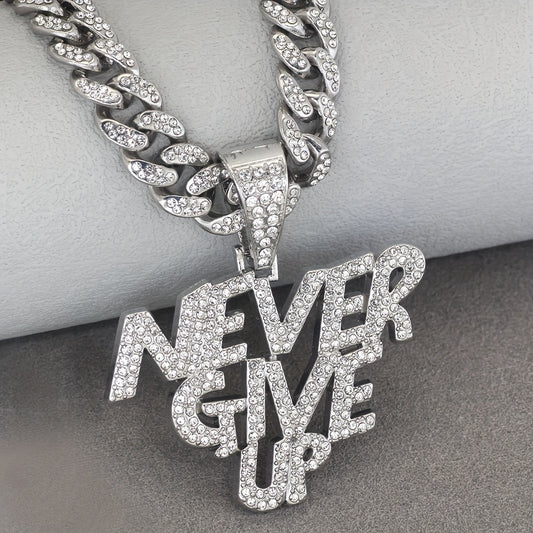 Glittering NEVERGIVEUP Pendant Necklace with Icy Cuban Chain - Trend-Setting Hip Hop Choker for Bold Men and Women