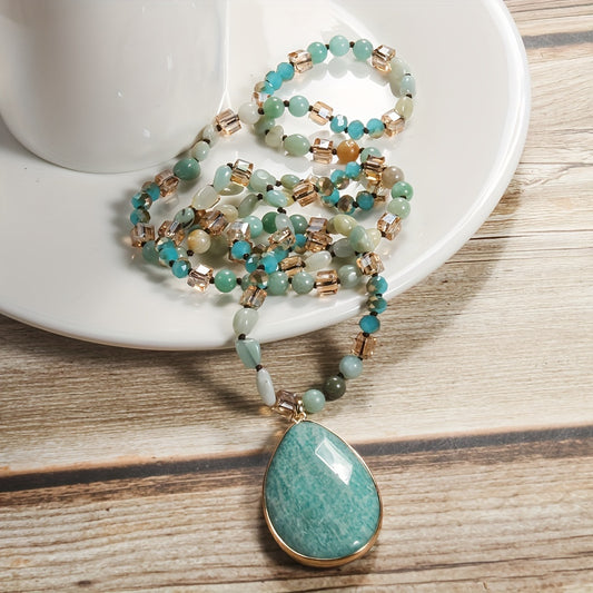 Vibrant Gemstone Water Drop Pendant Necklace - Boho Chic Style - Trendy Layered Sweater Chain for Fashion-forward Women