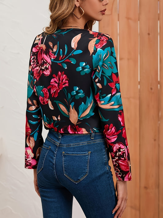 Floral Print Long Sleeve Jacket, Casual Every Day Outerwear For All Season, Women's Clothing