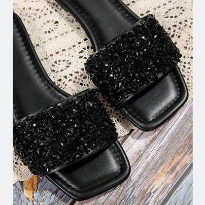 Stylish Rhinestone Slides - Sparkling Square Open-Toe, Flat Bottom, Comfortable, Breathable, Summer Beach Sandals for Women