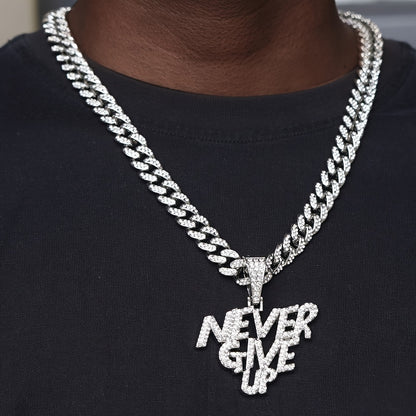 Glittering NEVERGIVEUP Pendant Necklace with Icy Cuban Chain - Trend-Setting Hip Hop Choker for Bold Men and Women