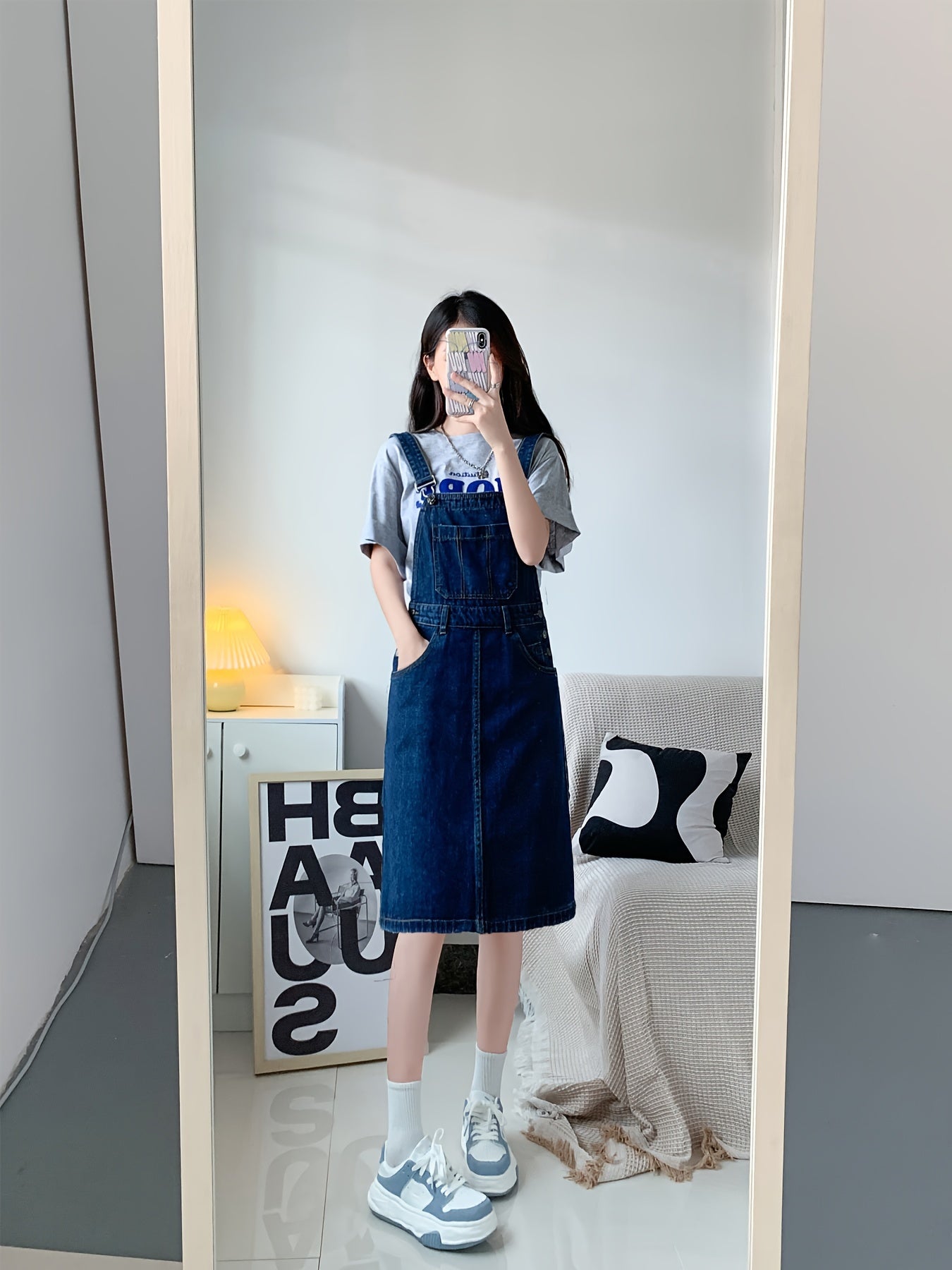 Womens Chic Blue Denim Overall Dress - Loose & Cute Mini Style with Adjustable Straps for Summer Comfort