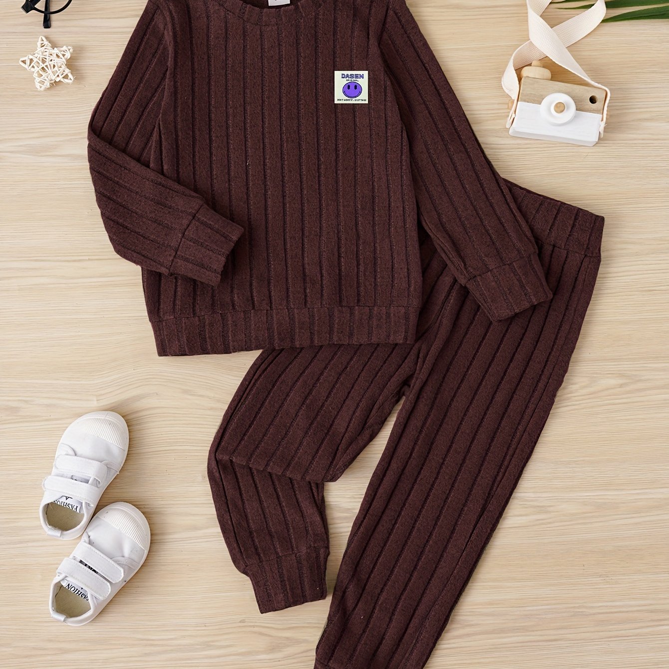 2pcs Boys Solid Knit Creative Long Sleeve Sweatshirt&Sweatpants Sets, Kids Spring Fall Winter Clothes