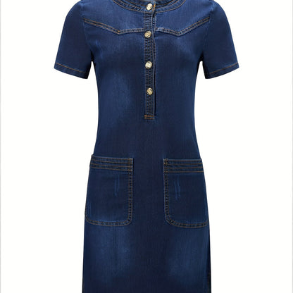 Women's Summer Casual Short Sleeve Denim Dress, Plain Jean Dress With Stand Collar, Fashionable Dress