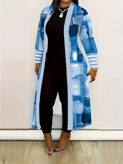 All-Season Chic Geometric Print Cardigan - Elegant, Durable Knit with Easy-Care Elasticity