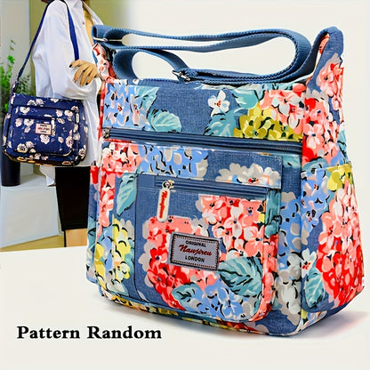 Floral Pattern Crossbody Bag - Water-Resistant Nylon Shoulder Bag with Multiple Pockets, Polyester Lining, and Zipper Closure - Perfect Mothers Day Gift for Mom or Any Occasion