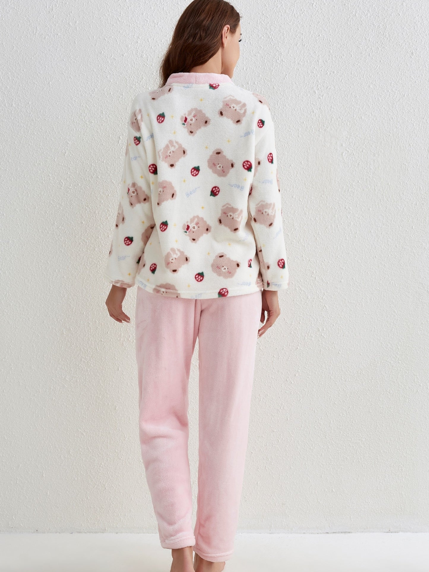 Cartoon Bear Print Pajama Set, Cute Long Sleeve Buttons Top & Elastic Waistband Pants, Women's Sleepwear & Loungewear