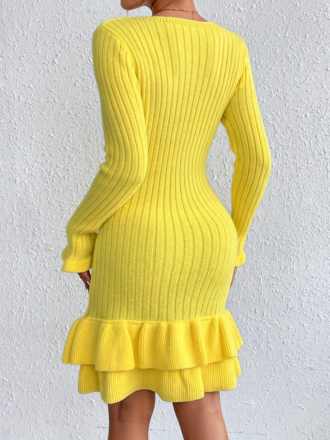 Stylish Ribbed Knit Bodycon Sweater Dress - Elegant Long Sleeve Square Neck, Ruffle Hem, Soft and Cozy, Women's Clothing for Winter, Autumn, and Casual Occasions