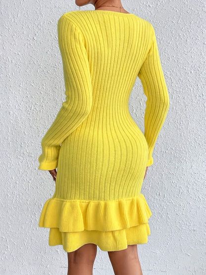 Stylish Ribbed Knit Bodycon Sweater Dress - Elegant Long Sleeve Square Neck, Ruffle Hem, Soft and Cozy, Women's Clothing for Winter, Autumn, and Casual Occasions