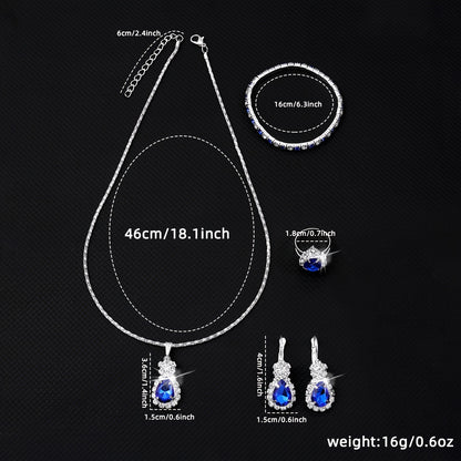 Dazzling Blue Teardrop Jewelry Set for Women - Timeless Elegance in Stainless Steel, 4-Piece Luxurious Style Ensemble, Including Necklace, Bracelet, Ring, and Stud Earrings