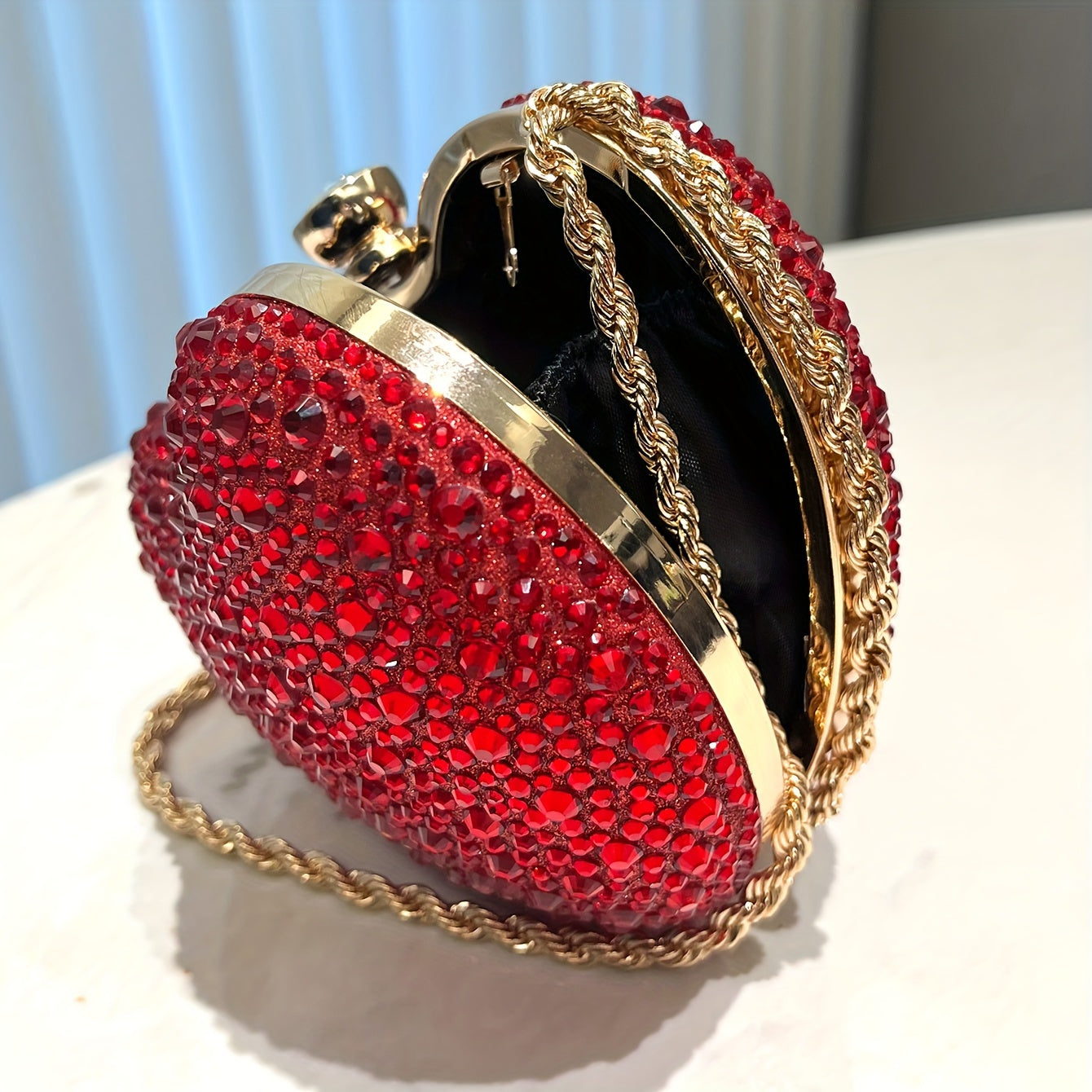 Rhinestone Heart-Shaped Clutch Purse, Fashionable Evening Bag With Chain Strap, Glittering Elegant Handbag For Parties, Prom, Weddings