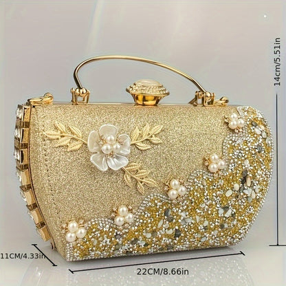 Glitter Rhinestone Evening Bag, Luxury Imitation Pearl Flower Decor Clutch Purse, Women's Dress Handbag For Wedding Party Prom Banquet