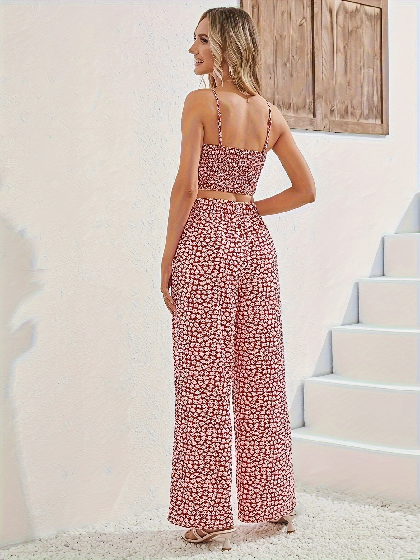 Chic Spring Elegance: Ditsy Floral V-Neck Cami & Tie-Waist Palazzo Pants Set - Durable & Easy Care