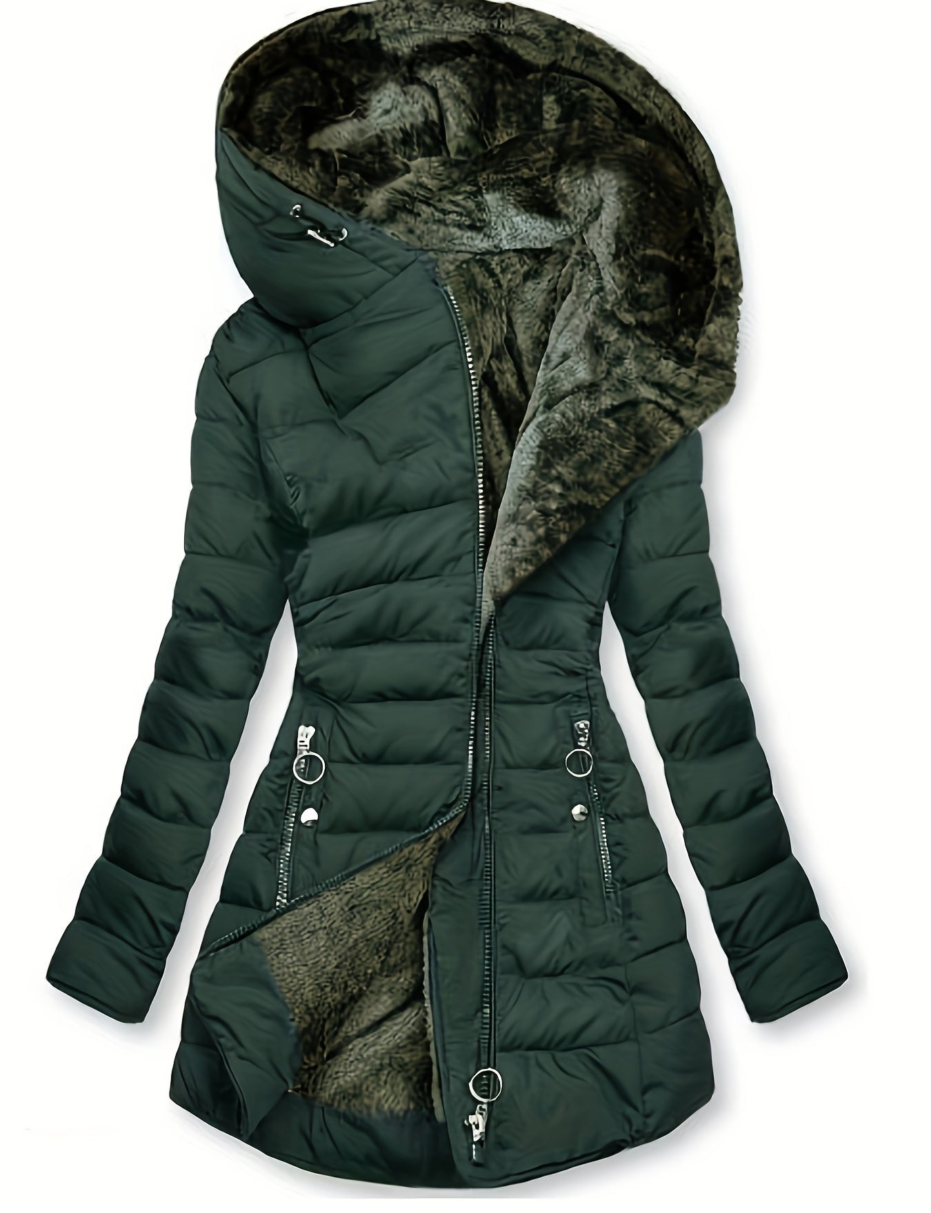 Cozy Fleece Lined Hooded Jacket - Cotton-padded Jacket Coat for Winter, Long Sleeve, Zip-up, Fluffy, Warm, Casual Outerwear for Women - Perfect for Cold Weather