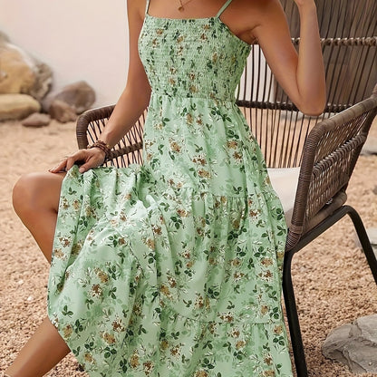 Flirty Floral Print Shirred Maxi Dress - Adjustable Spaghetti Straps, Lightweight Summer Wear for Beach Vacations - Feminine Elastic Shirring, Perfect Womens Casual Clothing for a Stylish Getaway