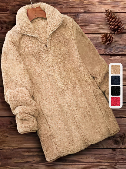 Zip Up Solid Teddy Coat, Casual Long Sleeve Winter Outerwear, Women's Clothing