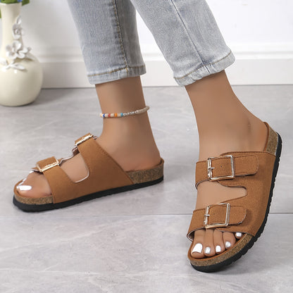 Womens Soft Flannel Double Buckle Slides - Lightweight, Flat Heel, Open Toe, Slip-on Design, PU Sole, Flannel Insole, Perfect for Summer Holidays and Casual Walking