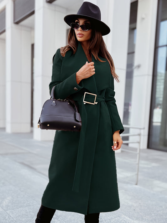 Elegant Long Coat - V-Neck, Casual, Loose Fit, Lapel Belt, Long Sleeve, Fall Winter Outerwear for Women