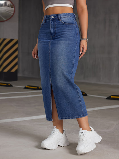 Womens Fashionable Blue Denim Skirt - Timeless Plain Washed Effect, Flattering Slit Hem Design, Midi Length for Versatility, Made from Comfortable Casual Jean Material - Designed for the Modern Woman, Inspired by Street Style Fashion