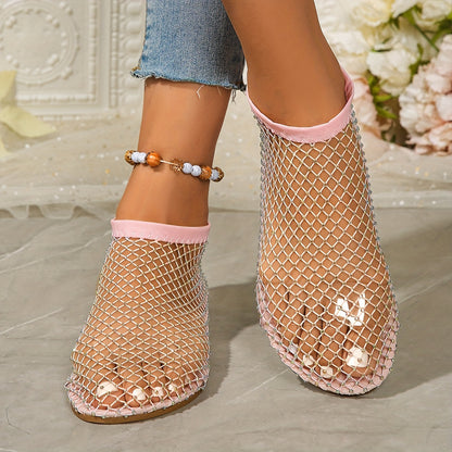 Stylish Women's Rhinestone Flat Sandals - Breathable Hollow Out Mesh Design, Slip-On Comfort, Fashionable Outdoor Beach Shoes for Summer