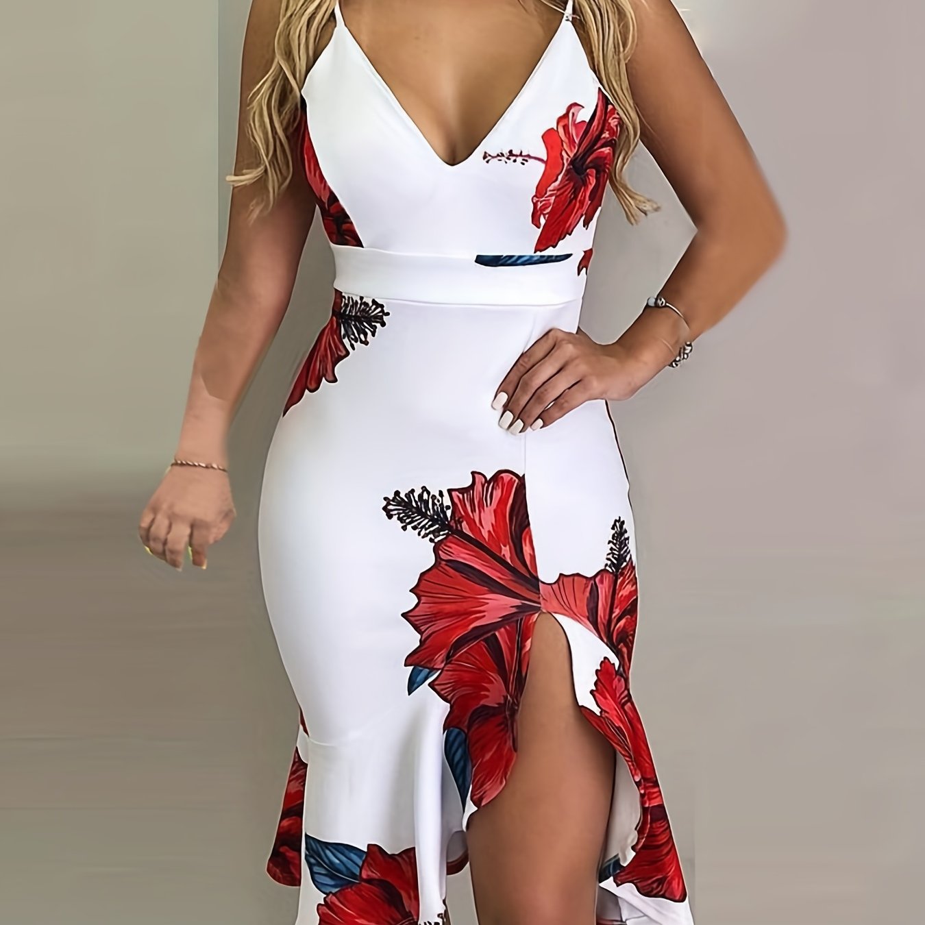 Spring/Summer Chic Floral Bodycon Dress - Sexy V Neck with Asymmetrical Ruffle Hem, Durable Stretch Knit Fabric & Spaghetti Straps