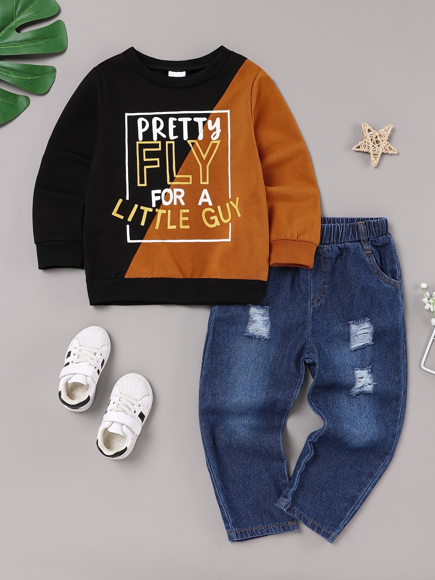 2-6T Toddler Boys' Colorblock Long Sleeve Letter Sweatshirt & Ripped Jeans Outfit Set - Soft, Cozy, and Stylish Fall Winter Clothing for Little Boys - Perfect for Casual Daily Wear and Outdoor Play