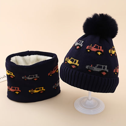 Festive Kids' Knit Hat and Scarf Set: 3-8 Years Old, 16cm/6.3inch Hat, 18cm/7inch Scarf, 19cm/7.48inch Hat, 20cm/7.87inch Scarf, Cartoon Car Pattern, Warm and Cozy, Suitable for Boys 3-14 Years Old