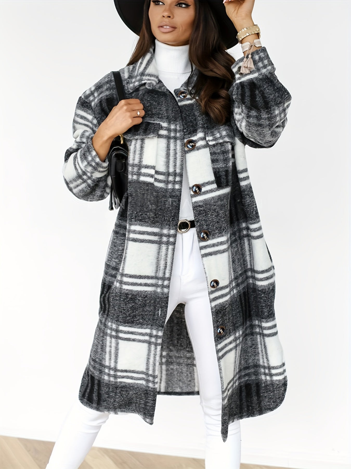 Cozy Plaid Brushed Jacket - Casual Long Sleeve Mid-length Loose Fit Women's Outerwear for Everyday Wear - Soft, Warm, and Stylish