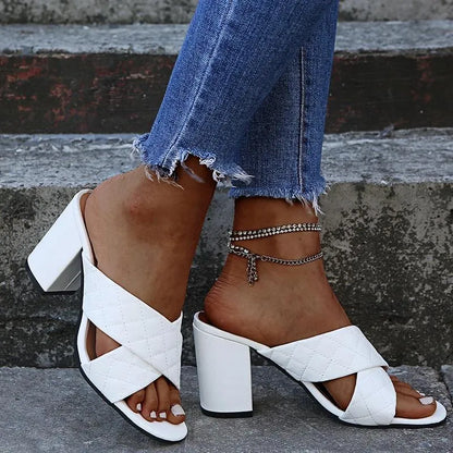 Slippers Runway Style Summer Weave Women Fashion Thick High Heels Gladiator Sandals Outdoor Beach Slides Ladies Mules Shoes