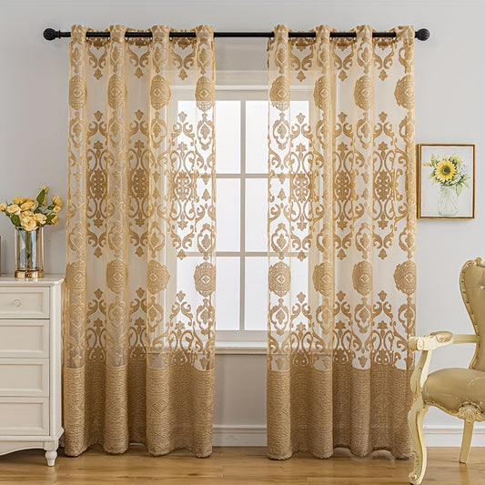 1pc Luxurious Golden Jacquard Window Screen Curtain - Elegant Home Decor for Living Room, Bedroom, Balcony with Sunlight Filtering, Dust Blocking, and Privacy Protection - Easy to Install and Maintain