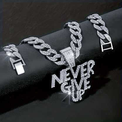 Never give up pendant hip hop Cuban chain necklace, chain length 18in wide 0.59in, gift box