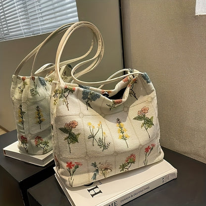 [Fast Arrival] Large Capacity Canvas Embroidered Commuter Tote Bag - Bucket Shoulder Bag for Daily Use