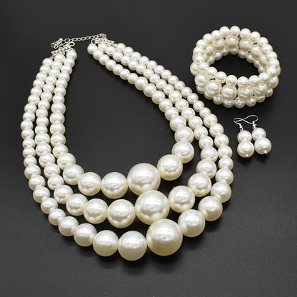 3-Piece Bohemian Faux Pearl Jewelry Set - Exquisite Multi-Layer Design with Stunning Necklace, Dainty Bracelet, and Elegant Earrings - Luxurious, Vintage-Inspired, and Perfect as a Festive Gift Set