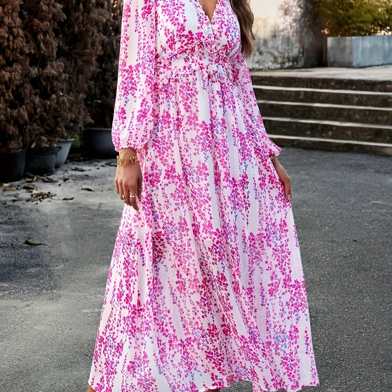 Spring-Fall Floral Midi Dress - Elegant Lantern Sleeves & Feminine Surplice Neckline - Versatile Casual Women’s Wear