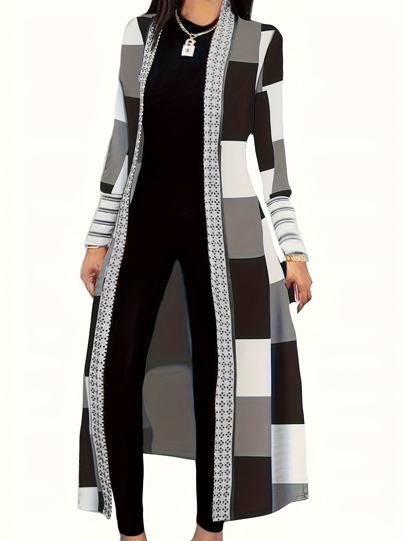 All-Season Chic Geometric Print Cardigan - Elegant, Durable Knit with Easy-Care Elasticity